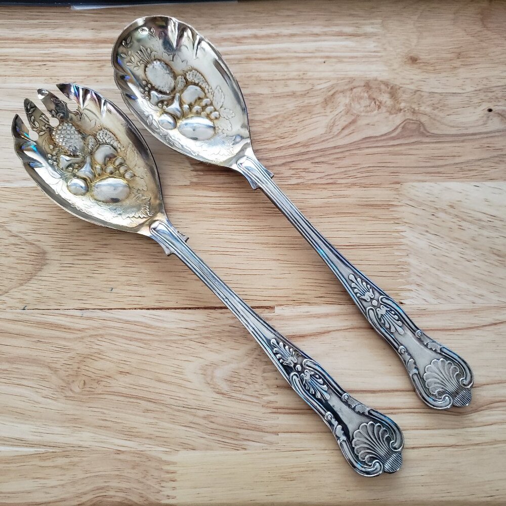 Sheffield England EPNS A1 Silverplate Salad Serving Set Fruit Embossed Gold Wash